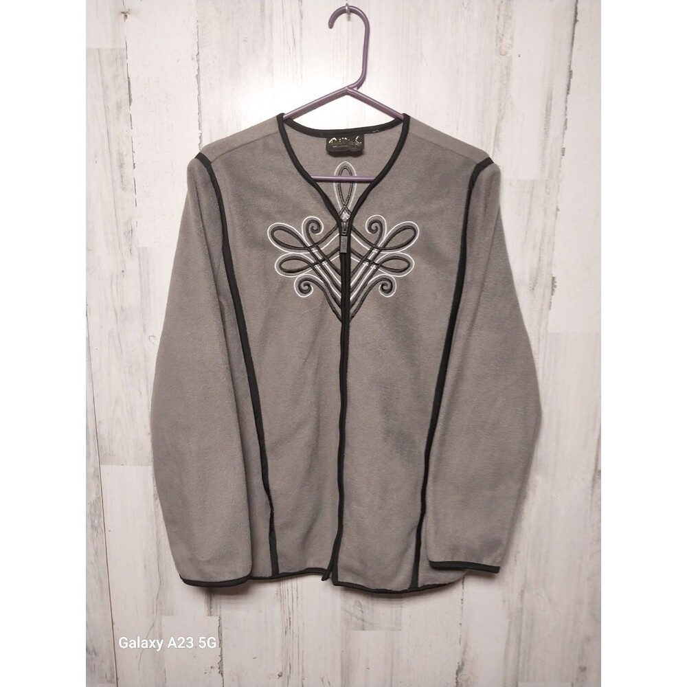 Bob Mackie Womens Wearable Art Jacket Medium Zip Up Fleece Sweater Gray